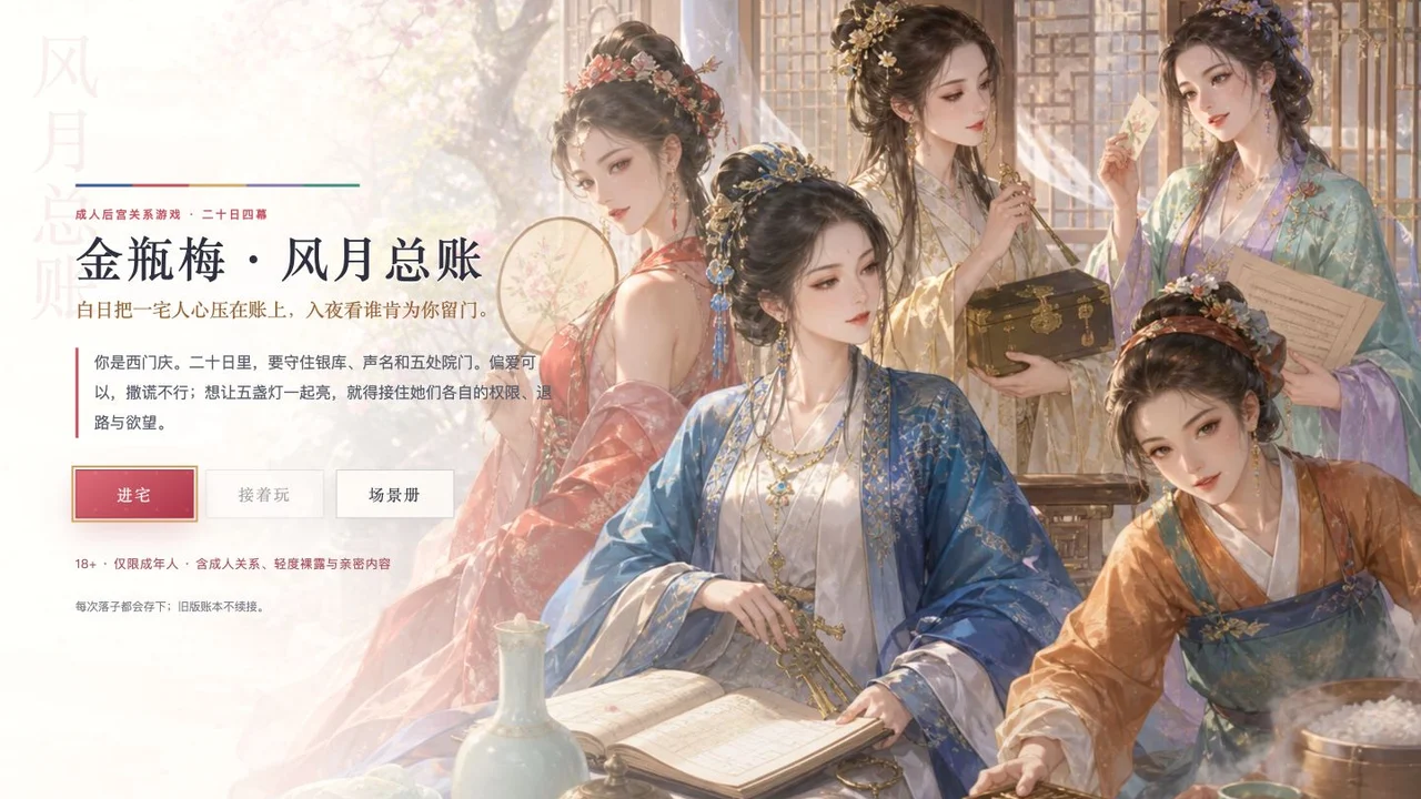 Pantalla de título del juego cinematográfico Jin Ping Mei ante un patio chino tradicional.