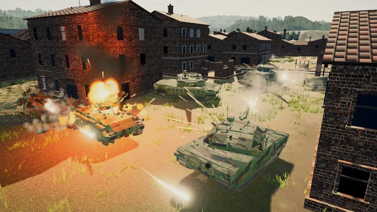 مركبات Tank Battles المدرعة تتبادل النيران عبر ساحة معركة حضرية، ملتقطة بمحرّك اللعبة.